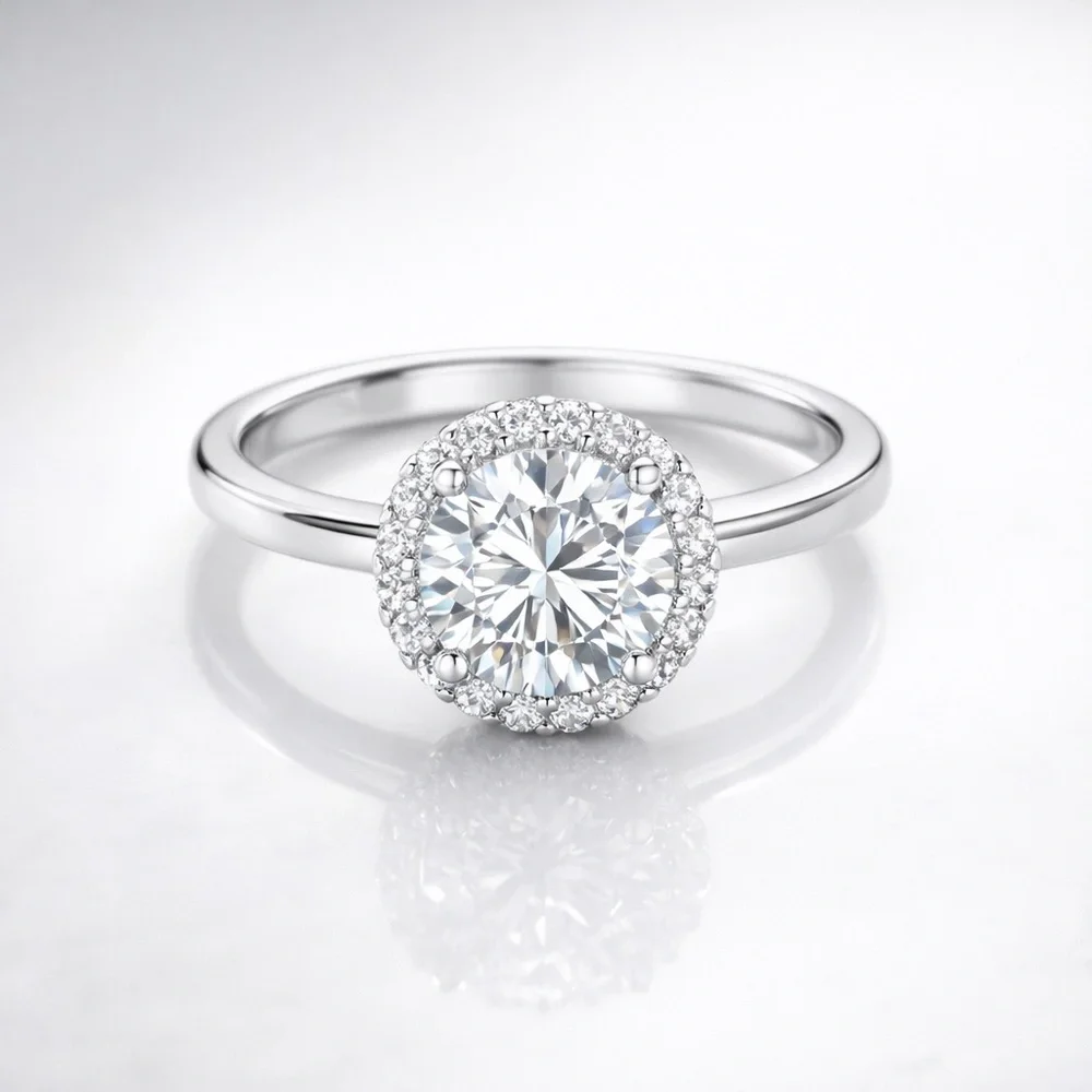 Moissanite Halo Ring – Rhodium Plated 925 Sterling Silver | Size 5